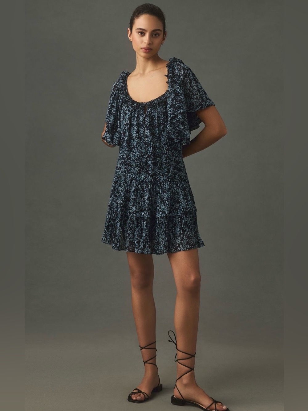 ANTHROPOLOGIE Short Sleeve Keyhole Swing Mini Dress Navy Blue Floral Size XL